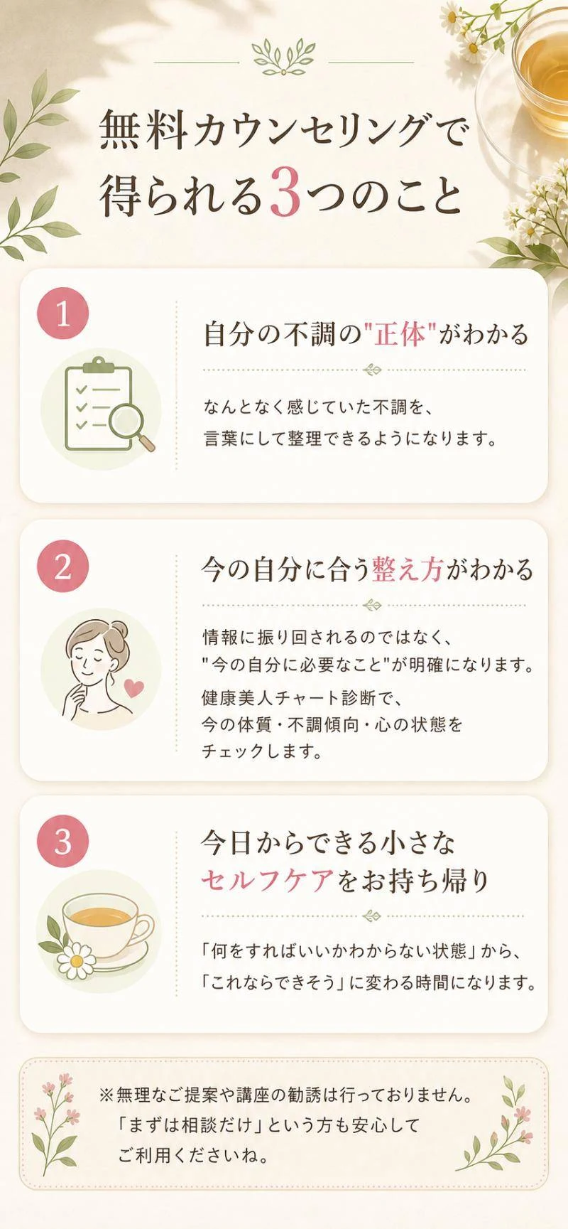 無料カウンセリングで得られる3つのこと。1 自分の不調の「正体」がわかる／2 今の自分に合う整え方がわかる／3 今日からできる小さなセルフケアをお持ち帰り。※無理なご提案や講座の勧誘は行っておりません。「まずは相談だけ」という方も安心してご利用ください。