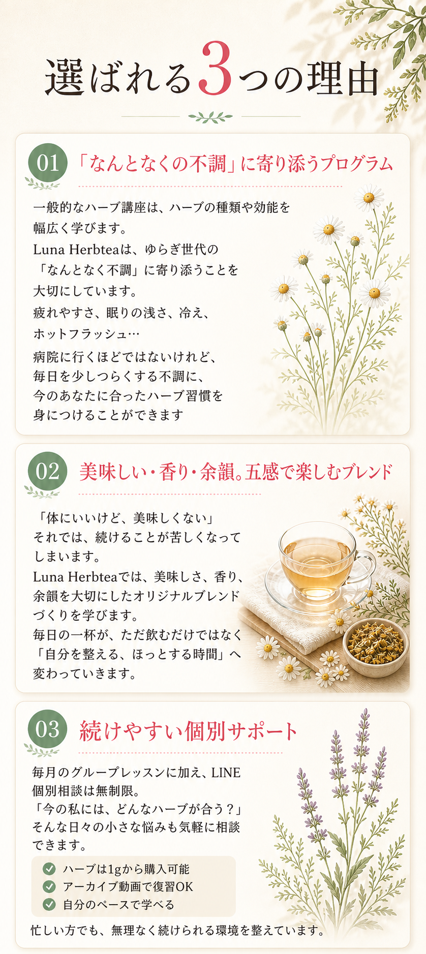 選ばれる3つの理由。理由1「なんとなくの不調」に寄り添うプログラム／理由2 美味しい・香り・余韻。五感で楽しむブレンド／理由3 続けやすい個別サポート